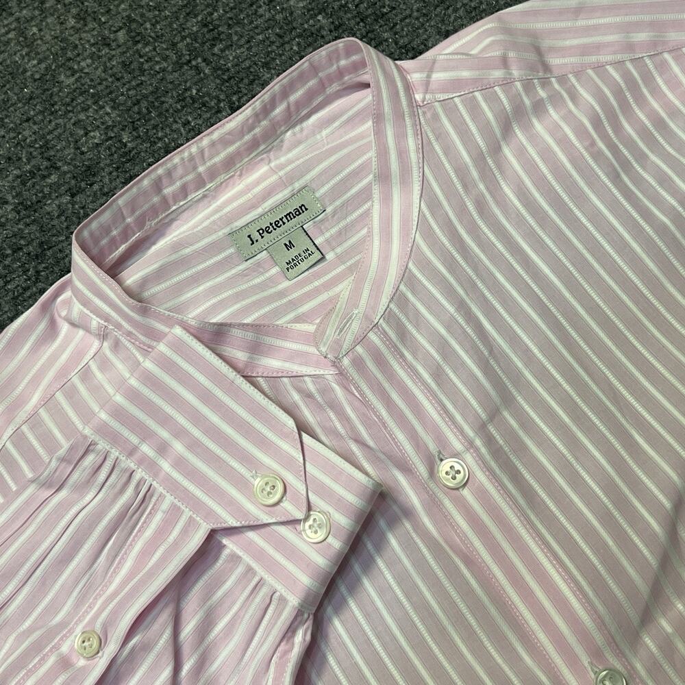 J Peterman Co. Band Mandarin Collar Pink Striped Shirt M USA Poet Preppy 90s